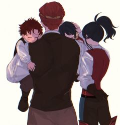  aged_down alcryst_(fire_emblem) black_hair brothers carrying carrying_person diamant_(fire_emblem) father_and_son fire_emblem fire_emblem_engage from_behind headpat highres mother_and_son nintendo parent_and_child ponytail red_eyes sasaki_(dkenpisss) siblings sleeping white_background 