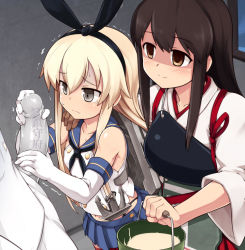 10s 2girls admiral_(kancolle) akagi_(kancolle) anchor anchor_hair_ornament bisexual_female black_panties blonde_hair blush brown_eyes brown_hair bucket collarbone cum elbow_gloves empty_eyes gloved_handjob gloves grey_eyes hair_ornament hairband hand_on_another&#039;s_shoulder handjob japanese_clothes kantai_collection long_hair military military_uniform multiple_girls muneate navel null_(nyanpyoun) panties penis personification petite red_legwear sexual_coaching shaded_face shimakaze_(kancolle) skirt sleeveless smile tears thighhighs translated trembling underwear uniform white_gloves rating:Explicit score:158 user:danbooru
