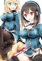 10s 2girls ascot atago_(kancolle) bad_id bad_pixiv_id black_hair black_legwear black_panties blonde_hair blush breasts cameltoe feet garter_straps green_eyes hat kantai_collection large_breasts crossed_legs long_sleeves looking_at_viewer military military_uniform miniskirt multiple_girls no_shoes oouso open_mouth panties pantyhose red_eyes shirt side_slit sitting skirt skirt_set smile soles sweat takao_(kancolle) thighhighs toes underwear uniform upskirt rating:Questionable score:42 user:danbooru