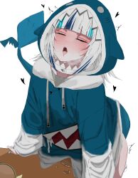 1girl absurdres animal_costume animal_hood blue_hair blue_hoodie blunt_bangs blush carrot_011 closed_eyes crotch_rub drooling female_masturbation fins fish_tail gawr_gura gawr_gura_(1st_costume) grey_hair heart highres hololive hololive_english hood hoodie implied_table_sex masturbation medium_hair multicolored_hair no_pants open_mouth pussy_juice pussy_juice_puddle saliva shark_costume shark_girl shark_hood shark_tail simple_background solo standing streaked_hair table_humping tail tongue tongue_out virtual_youtuber white_background rating:Explicit score:254 user:danbooru