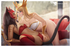  2girls adora_(she-ra) animal_ears artist_name bikini bikini_top_only blonde_hair blush boots bracelet breasts brown_hair cat_ears cat_girl cat_tail catra couch couple crop_top fingering fingering_through_clothes fingering freckles girl_on_top helmet imminent_kiss interspecies jewelry large_breasts leaning leaning_back leaning_forward leg_between_thighs lipstick long_hair looking_at_another makeup medium_breasts multiple_girls navel netflix on_couch patreon_logo patreon_username prywinko she-ra she-ra_and_the_princesses_of_power signature smile spread_legs swimsuit sword tail tan teasing thigh_boots thighhighs through_clothes tiara weapon yuri 