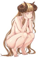 10s 1girl anila_(granblue_fantasy) barefoot blunt_bangs breasts brown_hair closed_eyes closed_mouth completely_nude full_body granblue_fantasy hands_on_own_chin highres hikimayu horns large_breasts long_hair michihasu nude pointy_ears simple_background solo squatting tiptoes very_long_hair white_background rating:Questionable score:33 user:danbooru