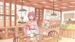 1girl animal asuka_yukari_(vtuber) blush ceiling_light chair chef_hat commentary_request cowboy_shot food fumi_futamori hat holding holding_menu holding_teapot holding_tray indie_virtual_youtuber indoors japanese_clothes jumping kimono long_sleeves looking_at_viewer menu open_mouth pig pink_kimono restaurant smile standing table teapot tray wide_sleeves 