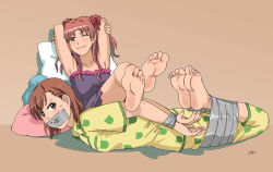  2girls armpits arms_behind_back arms_behind_head barefoot bdsm bondage bound brown_eyes brown_hair closed_mouth collarbone feet femdom full_body gag gagged hair_ribbon highres human_furniture improvised_gag leaning_back legs_together long_hair looking_at_viewer lost_one_zero lying misaka_mikoto multiple_girls on_stomach one_eye_closed pajamas pillow pink_eyes print_pajamas restrained ribbon shirai_kuroko short_hair simple_background sitting soles tape tape_gag toaru_kagaku_no_railgun toaru_majutsu_no_index toes twintails two_side_up  rating:Questionable score:66 user:Wyrade