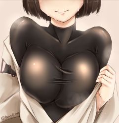 10s 1girl akatsuki_akane blush bob_cut breasts brown_hair cleavage collarbone female_focus head_out_of_frame hyuuga_(kancolle) japanese_clothes kantai_collection large_breasts no_bra off_shoulder shirt short_hair skin_tight smile solo sweat taut_clothes taut_shirt twitter_username undressing rating:Questionable score:85 user:danbooru