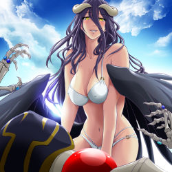 1boy 1girl ainz_ooal_gown albedo_(overlord) assertive_female bikini blush breasts curvy covered_erect_nipples femdom horns imminent_penetration large_breasts long_hair naughty_face overlord_(maruyama) skeleton smile swimsuit yellow_eyes you_gonna_get_raped rating:Sensitive score:44 user:DoctorWasabi
