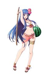 1girl alternate_costume anklet arm_behind_head arm_up bare_legs beads bell bikini blue_hair bracelet breasts brown_eyes cleavage criss-cross_straps flower flower_knot food fruit full_body gold_anklet hair_down hibiscus holding holding_stick holding_watermelon jewelry long_hair long_sidelocks looking_at_viewer medium_breasts nail_polish navel official_art open_mouth pink_flower red_nails red_ribbon red_tassel ribbon ribbon-trimmed_bikini sakura_taisen sandals see-through shinguuji_sakura smile solo standing stick suikawari swimsuit third-party_source transparent_background very_long_hair water_drop watermelon wavy_ends white_bikini