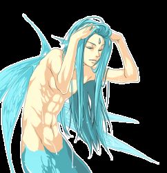 1boy abs aqua_hair arms_up dripping fins forehead_jewel hands_on_own_head long_hair male_focus merman monster_boy simple_background solo topless_male wet wet_hair  rating:Sensitive score:34 user:gandalf359