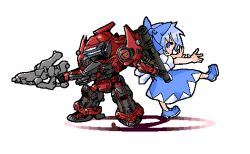  1girl 1other armored_core atai cirno crossover holding holding_weapon mecha nineball robot short_hair smile takujin touhou weapon 