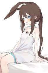  1girl amiya_(arknights) animal_ears arknights bare_shoulders between_legs blue_collar blue_eyes blush brown_hair chemise collar commentary cowboy_shot hand_between_legs long_hair looking_ahead material_growth open_mouth oripathy_lesion_(arknights) petite ponytail rabbit_ears rabbit_girl simple_background sitting sketch sleeveless solo spaghetti_strap thighlet unitedunti white_background 