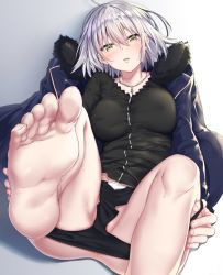 1girl ahoge ass barefoot black_panties black_shirt blush breasts covered_erect_nipples fate/grand_order fate_(series) feet foot_focus foot_up fur-trimmed_jacket fur_trim groin head_tilt jack_dempa jacket jeanne_d&#039;arc_(fate) jeanne_d&#039;arc_alter_(avenger)_(fate) jeanne_d&#039;arc_alter_(fate) jewelry large_breasts looking_at_viewer medium_breasts necklace open_mouth panties panty_pull pussy pussy_peek shirt short_hair sidelocks silver_hair sitting soles solo sweat thighs toes underwear yellow_eyes rating:Explicit score:69 user:danbooru