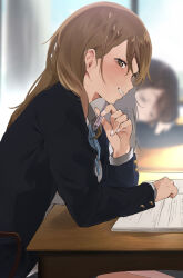 2girls black_jacket blazer blue_ribbon blue_sky blurry blurry_background blush book breast_rest breasts breasts_on_table brown_eyes brown_hair buttoned_cuffs buttons classroom closed_eyes collared_shirt commentary_request desk highres hirasawa_yui holding holding_pencil indoors jacket k-on! large_breasts long_hair long_sleeves looking_at_viewer looking_to_the_side multiple_girls neck_ribbon open_book open_clothes open_jacket paper pencil ribbon sakuragaoka_high_school_uniform school_desk school_uniform shirt sitting sky sleeping smile solo_focus tachibana_himeko white_shirt window winter_uniform yamakonbu