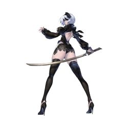  1girl alternate_costume ass backless_outfit black_footwear black_panties black_thighhighs blindfold closed_mouth detached_sleeves from_behind full_body hairband high_heels highres holding holding_sword holding_weapon long_sleeves miniskirt mole mole_under_mouth nier:automata nier_(series) nier_reincarnation official_art panties pumps short_hair simple_background skirt solo standing stiletto_heels sword thighhighs thighs underwear weapon white_background white_hair yorha-issue_blade 2b_(nier:automata) yoshida_akihiko  rating:Sensitive score:45 user:danbooru