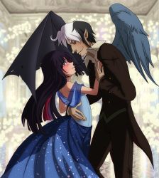 asymmetrical_wings bare_shoulders blunt_bangs blush dancing discord_(my_little_pony) dress evening_gown facial_hair formal goatee highres hime_cut multicolored_hair my_little_pony my_little_pony:_friendship_is_magic personification pointy_ears purple_eyes purple_hair red_eyes shawl smile star tuxedo twilight_sparkle whirlywillow wings rating:Sensitive score:0 user:danbooru