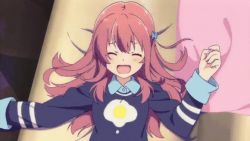  1girl animated animated_gif blue_shirt blush couch egg girlish_number hair_ornament hairclip karasuma_chitose_(girlish_number) long_hair open_mouth pillow red_hair sexually_suggestive shirt  rating:Sensitive score:23 user:toyknight