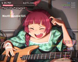  1girl absurdres black_nails blunt_bangs blush bocchi_the_rock! braid closed_eyes electric_guitar english_text guitar highres hiroi_kikuri holding holding_instrument indoors instrument intravenous_drip khyle. livestream long_hair music nail_polish open_mouth playing_instrument red_hair shirt sitting smile solo sweatdrop teeth very_long_hair 