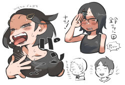  2boys 2girls black_hair black_shirt black_tank_top blush character_request closed_eyes cropped_arm cropped_shoulders cropped_torso forehead frown glasses glint hair_ornament hairclip half-closed_eyes hand_on_own_chest hand_up highres mitsuki_rin_(urayasu_tekkin_kazoku) multiple_boys multiple_girls open_mouth parted_bangs partially_colored salute shirt short_hair short_sleeves simple_background slapping smile suzuki_suzu_(urayasu_tekkin_kazoku) sweat t-shirt tank_top thick_eyebrows tirarizun tongue tongue_out translation_request urayasu_tekkin_kazoku very_short_hair white_background 