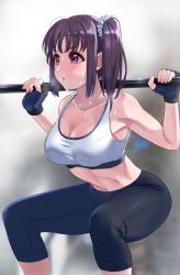 1girl armpits arms_up barbell bare_arms bare_shoulders black_gloves blush breasts capri_pants exercising fingerless_gloves gloves gym highres igarashi_kyouhei kazuno_sarah love_live! love_live!_sunshine!! nail navel open_mouth pants ponytail purple_eyes purple_hair side_ponytail simple_background solo sports_bra stomach sweat tight_clothes tight_pants weightlifting yoga_pants rating:Sensitive score:49 user:danbooru