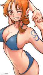 1girl aosora2823 arm_tattoo armpits artist_name asymmetrical_hair bikini blue_bikini blurry blush breasts cleavage commentary cowboy_shot depth_of_field earrings from_above grin highres jewelry large_breasts looking_at_viewer nami_(one_piece) one_eye_closed one_piece orange_hair own_hands_clasped own_hands_together red_eyes short_hair simple_background smile solo standing stretching swimsuit tattoo teeth white_background rating:Sensitive score:48 user:danbooru