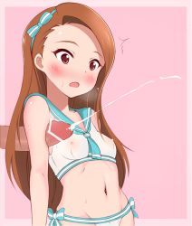  1girl :o armpit_sex artist_request bare_shoulders bikini blush breasts brown_hair censored covered_erect_nipples cum ejaculation hair_ribbon idolmaster idolmaster_(classic) long_hair minase_iori navel nipples open_mouth penis red_eyes ribbon see-through small_breasts solo_focus swimsuit  rating:Explicit score:72 user:TheAmazingAzunyan