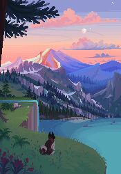  cloud commentary dog english_commentary evening full_moon gradient_sky grass jubilee_(8pxl) lake landscape moon mountain mountainous_horizon multicolored_sky no_humans original outdoors pixel_art scenery sky tree water 