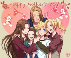  1boy 4girls aerith_gainsborough apron arm_around_shoulder belt blonde_hair blue_eyes blue_overalls blue_shirt blush braid brown_hair claudia_strife closed_eyes cloud_strife dress elmyra_gainsborough final_fantasy final_fantasy_vii final_fantasy_vii_remake green_dress green_eyes green_ribbon hair_bun halu-ca hand_on_another&#039;s_head highres ifalna jewelry long_hair long_sleeves low_ponytail lower_teeth_only mature_female moogle mother&#039;s_day mother_and_daughter mother_and_son multiple_girls necklace open_mouth overalls parted_bangs parted_lips pink_dress ponytail puffy_short_sleeves puffy_sleeves ribbon shirt short_hair short_sleeves sidelocks smile square_enix straight_hair teeth upper_body upper_teeth_only wavy_hair white_shirt  rating:General score:36 user:danbooru