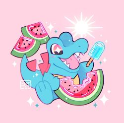  +_+ artist_name blush commentary creatures_(company) food fruit game_freak gen_2_pokemon happy holding leaphere nintendo no_humans open_mouth pink_background pokemon pokemon_(creature) popsicle sharp_teeth solo sparkle star_(symbol) teeth tongue totodile watermelon watermelon_slice 