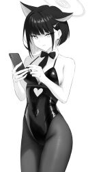  1girl animal_ears bare_shoulders black_hair black_leotard blue_archive bow bowtie breasts cat_ears cellphone clothing_cutout colored_inner_hair commentary_request covered_navel cowboy_shot detached_collar earrings greyscale hair_ornament hairclip halo heart_cutout highres holding holding_phone hoop_earrings impossible_clothes jewelry kazusa_(blue_archive) leotard looking_at_viewer medium_breasts monochrome multicolored_hair nontraditional_playboy_bunny pantyhose phone rabbit_hole_(vocaloid) riogu7t short_hair sidelocks simple_background smartphone solo standing white_background  rating:Sensitive score:13 user:danbooru