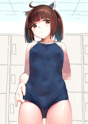  1girl adjusting_clothes adjusting_swimsuit ahoge blue_one-piece_swimsuit blunt_bangs brown_hair commentary_request competition_school_swimsuit flat_chest headgear locker locker_room looking_at_viewer one-piece_swimsuit red_eyes school_swimsuit shiden_(sashimi_no_wife) short_hair solo swimsuit touhoku_kiritan twintails voiceroid 