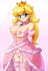 1girl arm_behind_back bare_shoulders blonde_hair blue_eyes blush breastless_clothes breasts breasts_out cameltoe choker cowboy_shot crown dress earrings elbow_gloves garter_straps gloves gradient_background heart heart-shaped_pupils jewelry konpeto large_breasts lingerie long_hair looking_at_viewer mario_(series) nintendo nipples panties pink_dress pink_panties pink_thighhighs princess_peach revealing_clothes showgirl_skirt smile solo standing symbol-shaped_pupils thighhighs underwear very_long_hair rating:Questionable score:201 user:danbooru