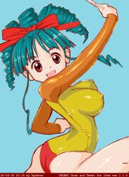  1girl arm_up ass asuka_120_percent breasts covered_erect_nipples drill_hair drill_ponytail green_hair hair_ribbon large_breasts legs leotard looking_at_viewer open_mouth red_eyes ribbon sideboob smile solo thighs 