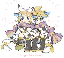  1boy 1girl absurdres animal_ears animal_print bell black_footwear black_sailor_collar blonde_hair blue_eyes blush boots bow chinese_zodiac commentary covering_own_mouth cow_ears cow_print cow_tail dated earmuffs facial_mark hair_bow hair_ornament hairclip happy_new_year highres holding_hands kagamine_len kagamine_rin long_hoodie looking_at_viewer neck_bell new_year open_mouth plaid_clothes plaid_scarf sailor_collar scarf shared_clothes shared_scarf shiro_kuro_(shirokuro_3939) short_hair simple_background sparkle tail vocaloid white_background year_of_the_ox 