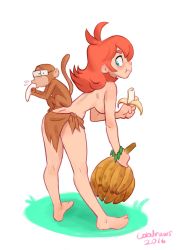  1girl 2016 :t artist_name banana barefoot bent_over blue_eyes bracelet breasts butt_crack colo_(nagrolaz) dated eating food fruit glasses grass highres holding holding_food jewelry jungle loincloth looking_at_viewer looking_back monkey nature original profile red_hair standing topless tribal  rating:Questionable score:31 user:Dweenie
