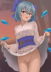  1girl :d absurdres alternate_costume blue_bow blue_eyes blue_hair blue_sash blush bow censored cherry_blossom_print cirno clothes_lift commentary_request commission cowboy_shot eyebrows_hidden_by_hair eyelashes floral_print groin hair_between_eyes hair_bow hands_up head_tilt highres hood hood_up huge_bow ice ice_wings japanese_clothes kimono kimono_lift lifted_by_self long_sleeves looking_down mosaic_censoring no_panties open_mouth outdoors presenting print_kimono pussy raised_eyebrows sash short_hair skeb_commission smile solo sunset surprised sweatdrop szl touhou tsurime variant_set white_kimono wide-eyed wide_sleeves wings yukata 