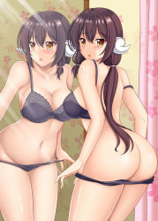 1girl :o ahoge ass asymmetrical_hair azur_lane bare_arms bare_shoulders black_bra black_hair black_panties blush bra breasts brown_eyes cleavage collarbone commentary_request cowboy_shot curtains groin hair_tie horns indoors large_breasts leaning_forward looking_at_viewer low_twintails mikasa_(azur_lane) mirror navel open_bra open_mouth ougi_(ihayasaka) panties panty_pull reflection solo stomach strap_slip thighs twintails underwear underwear_only undressing rating:Questionable score:16 user:danbooru