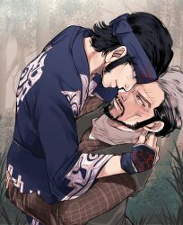  2boys ainu beard black_hair carrying carrying_person eye_contact facial_hair from_above golden_kamuy headband kirawus_(golden_kamuy) looking_at_another male_focus mature_male multicolored_hair multiple_boys nihei_tetsuzou old old_man short_hair skbfi5o smile thick_eyebrows two-tone_hair yaoi 