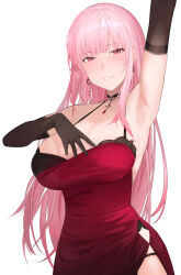 1girl absurdres adapted_costume arm_up armpit_crease armpits bare_shoulders black_choker black_gloves blush breasts choker cleavage dress dress_slip earrings elbow_gloves gloves hand_on_own_chest highres hip_vent hololive hololive_english jewelry kirachamo lace lace-trimmed_gloves lace_trim large_breasts long_hair looking_at_viewer low_neckline mori_calliope mori_calliope_(party_dress) pink_eyes pink_hair red_dress side_slit simple_background sleeveless sleeveless_dress smile solo spaghetti_strap virtual_youtuber white_background rating:General score:19 user:danbooru