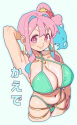  absurdres armpits arms_up belly belt bikini blush collarbone earrings gloss_(hotglossed) gold_belt gold_necklace green_bikini hair_ornament hand_on_own_hip highres hoop_earrings hozuki_kaede japanese_text jewelry lips necklace onii-chan_wa_oshimai! pink_eyes pink_hair pink_hair_blue_hair pink_nails shiny_skin skindentation stomach swimsuit  rating:Sensitive score:25 user:lemonadethunder