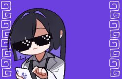  1girl :3 a.i._voice black_hair cellphone chibi chinese_commentary coat collared_shirt colored_inner_hair commentary_request covered_eyes deal_with_it_(meme) emptying002 grey_shirt hair_intakes holding holding_phone lab_coat long_hair long_sleeves meandros meme monmon_fanmoran_(vocaloid) multicolored_hair open_clothes open_coat parody phone purple_background purple_hair shirt simple_background smartphone solo sunglasses upper_body white_coat yogatari_tobari 