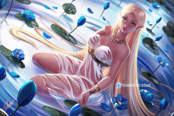 1girl aqua_eyes bare_arms bare_shoulders blonde_hair breasts cleavage closed_mouth dress dutch_angle flower jewelry lily_pad lips lipstick long_hair looking_at_viewer makeup medium_breasts neck necklace nintendo olchas parted_bangs patreon_username plant pointy_ears princess_zelda revision ripples see-through signature silent_princess sitting smile solo strapless strapless_dress the_legend_of_zelda the_legend_of_zelda:_breath_of_the_wild very_long_hair water watermark web_address wet wet_clothes wet_dress white_dress rating:Sensitive score:69 user:danbooru