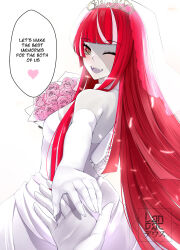  1girl 1other bouquet bridal_veil diadem dress elbow_gloves english_text fangs flower gloves heterochromia highres hololive hololive_indonesia kureiji_ollie landacdeus one_eye_closed open_mouth pov red_hair rose skin_contrast speech_bubble veil virtual_youtuber wedding_dress wink zombie 