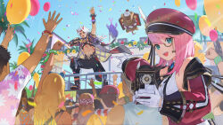  1boy 1girl absurdres aqua_eyes arataki_itto audience balloon blue_gemstone blue_sky bracelet cabbie_hat camera charlotte_(genshin_impact) cheering confetti cross-laced_clothes cross-laced_sleeves day ddal detached_sleeves flower gem genshin_impact gloves hat hat_feather highres holding holding_camera holding_microphone horns jewelry looking_at_viewer microphone monocle navel official_art oni onikabuto_(genshin_impact) open_mouth orange_eyes outdoors pectorals pink_hair pointing pointing_at_another portuguese_commentary puffy_detached_sleeves puffy_sleeves red_hair red_headwear red_horns red_sleeves rope shimenawa sky spiked_bracelet spikes ushi_(genshin_impact) vision_(genshin_impact) white_gloves white_hair yellow_flower 