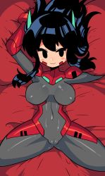  1girl absurdres asta_rindo_(rariatto) black_eyes black_hair blush blush_stickers bodysuit breasts cameltoe closed_mouth covered_navel gloves grey_bodysuit hands_up highres long_hair looking_at_viewer lying medium_breasts on_back original rariatto_(ganguri) red_gloves robot_ears seductive_smile smile solo spread_legs  rating:Questionable score:29 user:danbooru