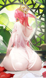 1girl animal_ears ass back blouse breasts commentary_request fox_ears genshin_impact hair_ornament highres large_breasts long_hair omone_hokoma_agm pink_hair shirt sidelocks sitting solo thighs very_long_hair white_shirt yae_miko rating:Questionable score:109 user:danbooru