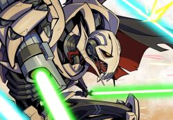  1boy 2023 alien artist_name black_cape cape colored_sclera cyborg energy_sword foreshortening general_grievous highres holding holding_sword holding_weapon hunched_over laser lightsaber looking_ahead male_focus quadruple_wielding science_fiction solo star_wars sword tomycase weapon yellow_sclera 