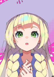  1girl :o blonde_hair braid collared_dress commentary_request creatures_(company) dress eyelashes game_freak green_eyes hands_up hat highres kanimaru lillie_(pokemon) long_hair looking_at_viewer nintendo open_mouth pink_background pokemon pokemon_sm solo sun_hat teeth twin_braids upper_body upper_teeth_only 