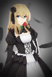 10s 1girl bad_id bad_pixiv_id blue_eyes commentary_request dress feathers flower frilled_dress frills gothic_lolita gradient_background hair_ornament highres holding light_brown_hair lolita_fashion long_hair looking_at_viewer rko_(a470350510) rose simple_background smile solo violet_evergarden violet_evergarden_(series)  rating:Sensitive score:4 user:danbooru