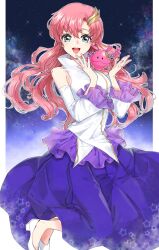  1girl blue_eyes breasts dress gundam gundam_seed gundam_seed_destiny gundam_seed_freedom hair_ornament haro highres lacus_clyne long_hair looking_at_viewer machi_kitchen open_mouth pink_hair smile solo space 