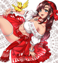  &gt;_&lt; 1girl arm_support bird blue_eyes blush bracelet braid breasts brown_hair cleavage collarbone crop_top dated earrings fang fingernails gypsy headband highres hoop_earrings jewelry large_breasts long_fingernails looking_at_viewer navel necklace nekoguchi open_mouth original puffy_short_sleeves puffy_sleeves red_headband red_skirt shirt short_sleeves signature skirt smile solo stomach thick_thighs thighs white_background white_shirt  rating:Sensitive score:13 user:danbooru