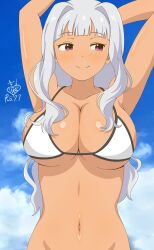  1girl armpits arms_up bare_shoulders bikini blue_sky blunt_bangs blush breasts cleavage closed_mouth cloud cloudy_sky collarbone curtained_hair dark_skin dated dot_nose eyelashes grey_hair highres idolmaster idolmaster_(classic) idolmaster_million_live! idolmaster_million_live!_theater_days kirie_dou large_breasts long_hair looking_to_the_side navel no_panties purple_eyes shijou_takane sidelocks sideways_glance signature sky smile solo swimsuit underboob upper_body wavy_hair white_bikini 